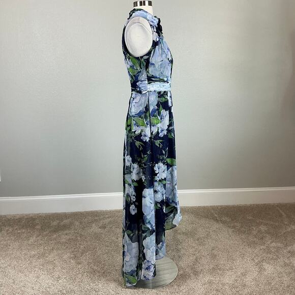Eliza J Floral Print Chiffon High Low Maxi Dress Blue Size 4 Metallic Halter - Picture 3 of 15